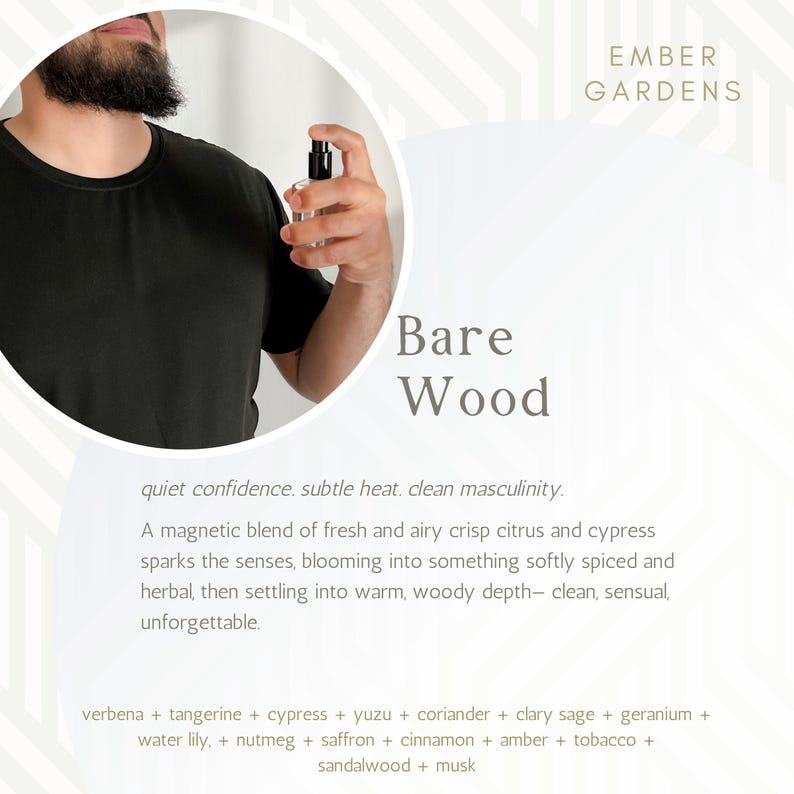 Bare Wood Handmade Cologne Mens Cologne Clean Smelling Cologne Body Spray Perfume eau de parfum Handmade Perfume Gift for Dad Gift for Him